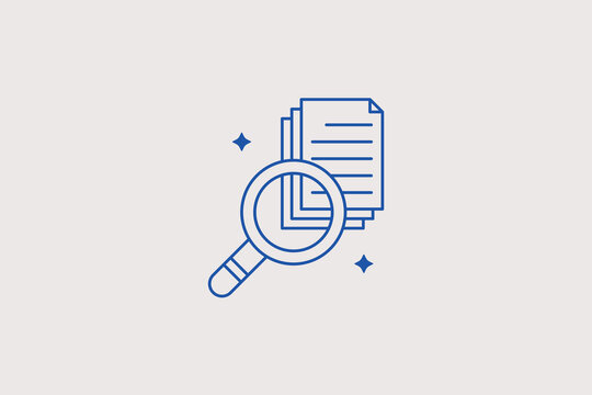 Magnifying glass over stack of paper documents line icon for legal case file forensic audit, corporate financial paperwork inspection. Clear vector illustration for information analysis.