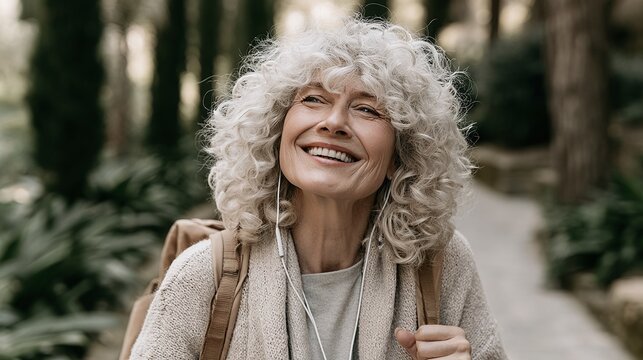 Joyful Mature Woman with Curly Hair and Headphones Hiking in a Serene Forest, Embracing Nature and Wellbeing, Headshot Portrait of a Happy Healthy Senior Female Traveler Outdoor