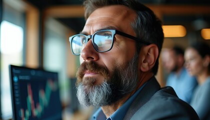 Obraz premium Mature man in glasses looks at screen with stock chart graphs. Colleagues in background watch, discuss. Business meeting, financial analysis concept.