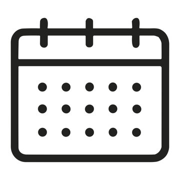 Minimalist black and white calendar icon with ring binder tabs and dotted day markers, representing scheduling, planning, events, reminders, and organization.