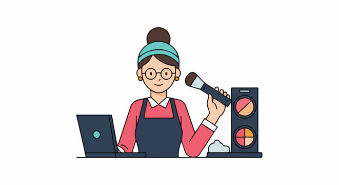 Woman with makeup brush, laptop, and palette, preparing for a makeover