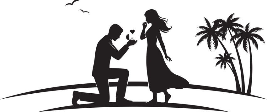 Silhouette of a man proposing to a woman on a beach