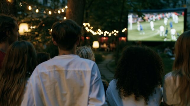 Group of friends watching soccer match on outdoor screen at night celebration