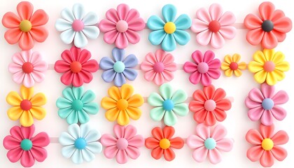 Fototapeta premium A vibrant collection of colorful flowers arranged in rows on a white surface viewed from above.