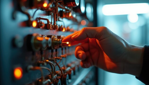 Hand operates vintage electrical panel with glowing lights and intricate wiring. Person adjusts analog controls on complex control board. Technology from past.