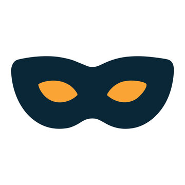 Flat dark navy masquerade eye mask with bright orange eye cutouts on a white background, minimalist costume and carnival accessory icon representing disguise and mystery