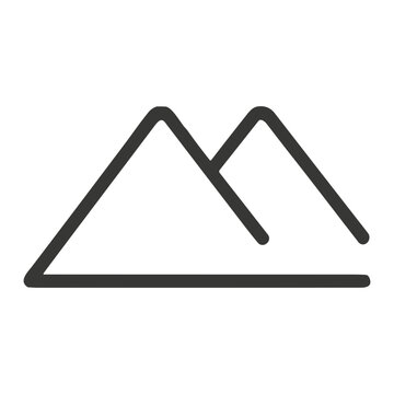 Monochrome minimalist mountain icon showing two triangular peaks joined by a valley line over a horizontal base, simple outline logo-style graphic for travel and outdoor use