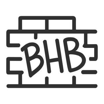 Bold monochrome graffiti tag reading BHB scrawled across a stylized brick wall icon, minimalist urban street-art illustration emphasizing lettering, texture, and graphic outline.