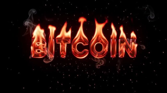 Bitcoin text engulfed in intense orange flames and rising smoke creates a dynamic motion video graphic showcasing the volatile cryptocurrency market with glowing embers and a dark background for high 