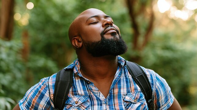 A serene man with a full beard and bald head enjoys a moment of peaceful tranquility outdoors, eyes closed, feeling the sun's warmth on his face, wearing a plaid shirt and backpack, immersed in nature
