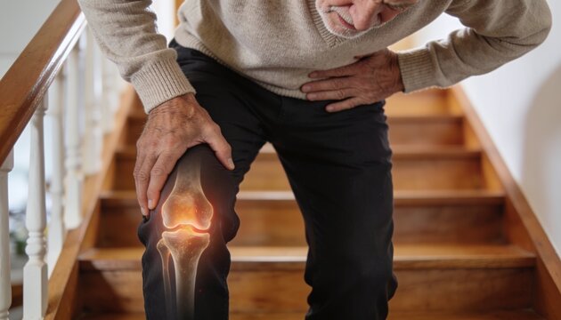 Elderly man descend stairs experiencing severe joint inflammation, pain, or discomfort in his knee, highlighting common health issues and mobility challenges in aging adults, with an X-ray overlay