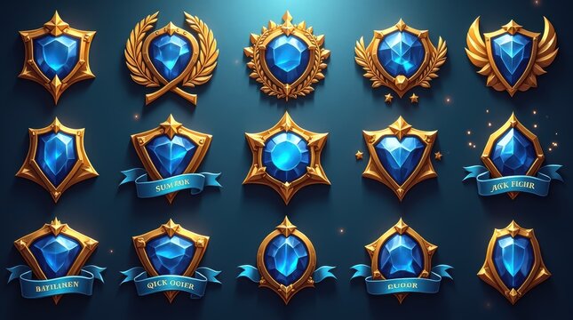Set of golden game shields with blue gemstones for fantasy RPG user interface design