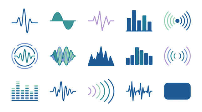 Collection of modern audio and signal icons including sound waves volume controls equalizer radio frequency and wireless communication symbols