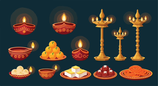 A vibrant arrangement of traditional Indian festival lights and sweets