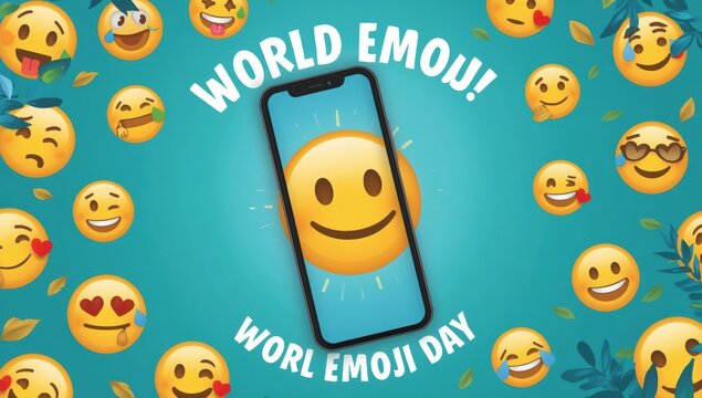 Smartphone showing a happy sun emoji on a blue background for World Emoji Day