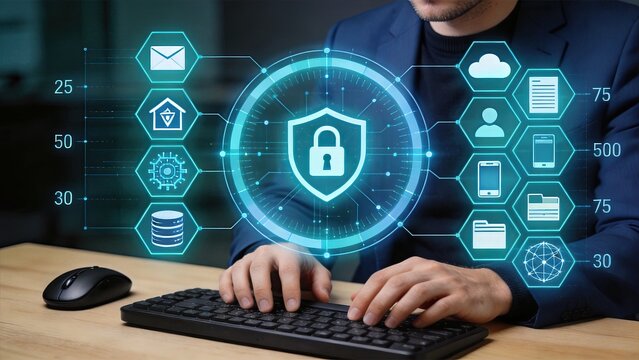 Advanced network security interface with central shield icon surrounded by connected hexagonal nodes representing cloud storage and mobile devices on computer desk.