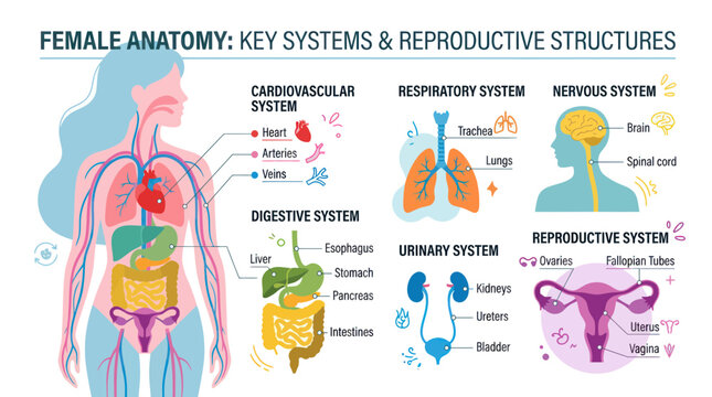Female body anatomy and internal organ systems infographic