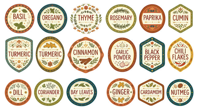 Collection of rustic spice and herb labels with botanical motifs