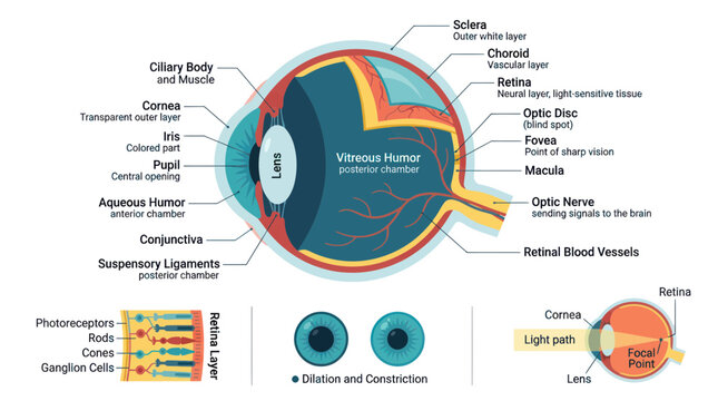 Comprehensive diagram of human eye structure and vision components