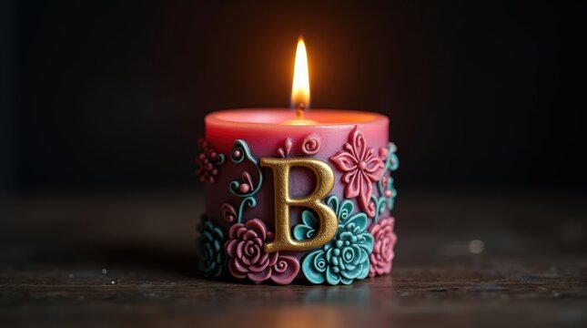Lit candle with a gold letter b and colorful flower decorations in the dark
