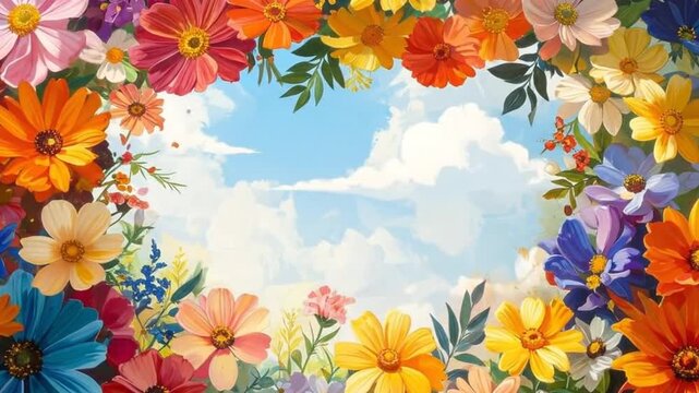 A vibrant floral border frames a bright sky with fluffy clouds