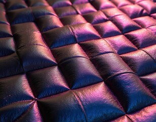 Naklejka premium Dark quilted textile surface with purple and blue lighting. Textured material has square patterns, reflecting light creating depth. Shiny fabric offers luxurious feel and visual appeal.