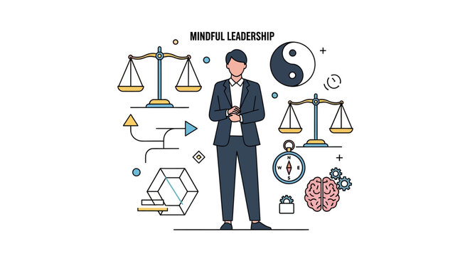 Mindful Leadership Concept: Man with Scales, Compass, Brain, and Yin Yang Symbol