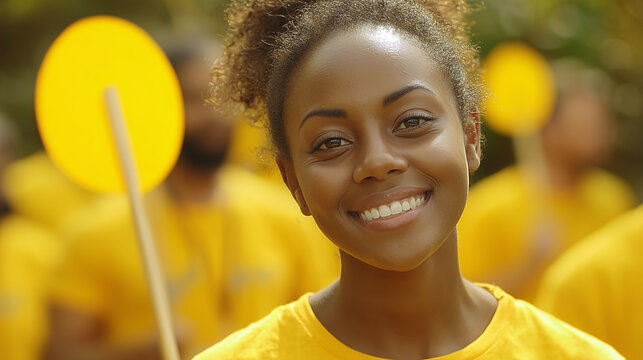 A young girl participates in a National missing Children&rsquo;s Day awareness event with people wearing yellow.