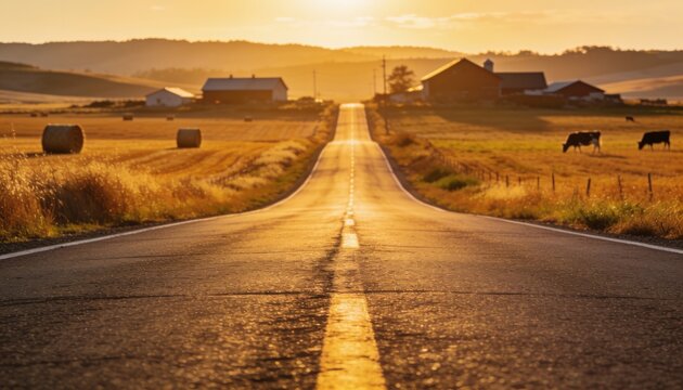 A rural country road stretches into the distance at golden hour, flanked by sun-drenched fields, farm structures, grazing animals, and rolling hills under a warm, hazy sky