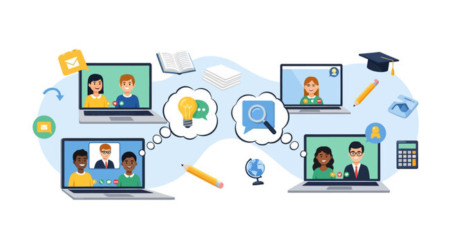 Online Education and Remote Learning Concept, Virtual Collaboration, Digital Classroom