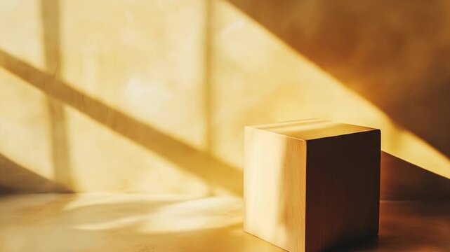 Geometric cube bathed in warm sunlight casting shadows on a textured surface