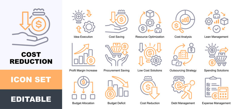 Cost Reduction Icon Pack Featuring Idea Execution, Cost Saving, Resource Optimization, Cost Analysis, Lean Management, Profit Margin Increase, Procurement Saving