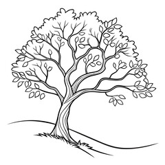 Fototapeta premium Hand drawn ink illustration of a single deciduous tree standing on a grassy hill with illustration monochrome isolated