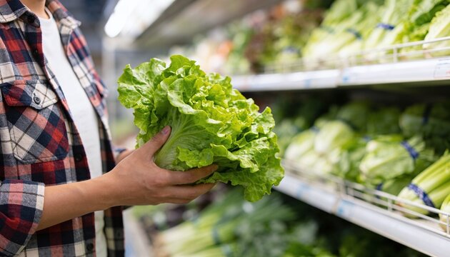 A close-up view of a person's hands delicately holding a fresh, vibrant green head of lettuce, with a blurry supermarket produce aisle visible in the background, conveying healthy choices and fresh pr