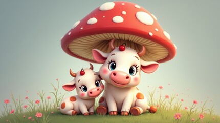 Fototapeta premium Cute baby cows sitting under a large red mushroom in a green field