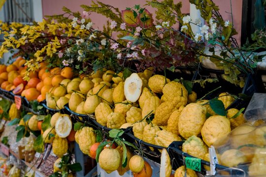 Close up full frame of fresh organic lemons and giant Sicilian citrons (Cedro) with hand-written Euro price tag at a local outdoor market in Sicily, Italy.