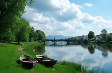 Fototapeta premium Two boats rest on grassy riverbank beside calm water. Arch bridge crosses river in distance, town buildings line far shore, cloudy sky reflects on surface.