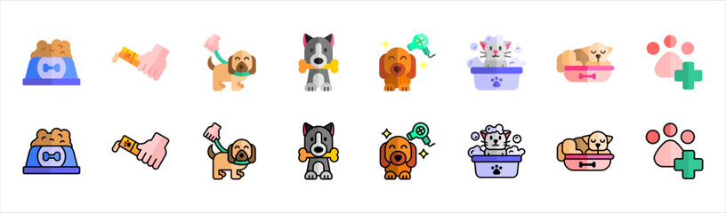 Fototapeta premium Complete Pet Wellness Activity Icon Pack Featuring Feeding Walking Grooming Playtime Rest and Veterinary Care