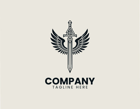 Winged sword with Norse valknut symbol minimalist black vector logo fantasy warrior emblem
