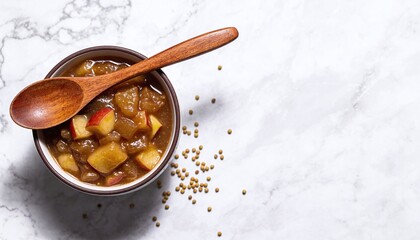 Fototapeta premium Vibrant Fruit Chutney in a Rustic Bowl with Wooden Spoon on Elegant Marble Surface, Highlighted by Scattered Spices, Warm Tones, and inviting Texture for Culinary Visuals