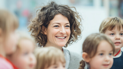 Fototapeta premium A smiling woman stands among children on National missing Children’s Day.