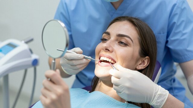 A smiling woman examines her teeth in a mirror while a dentist performs an oral examination using dental tools. The setting is a clean, modern dental clinic with soft focus background.