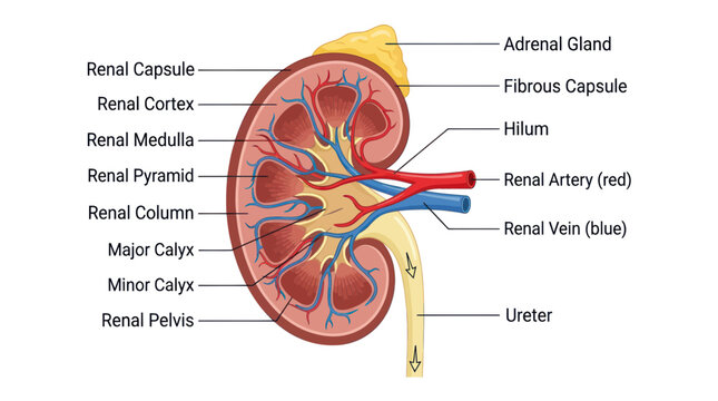 Human kidney anatomy diagram with detailed labels