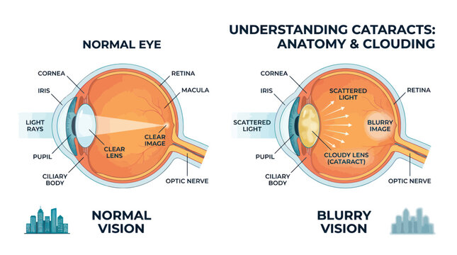 Medical diagram of cataract clouding and vision impairment