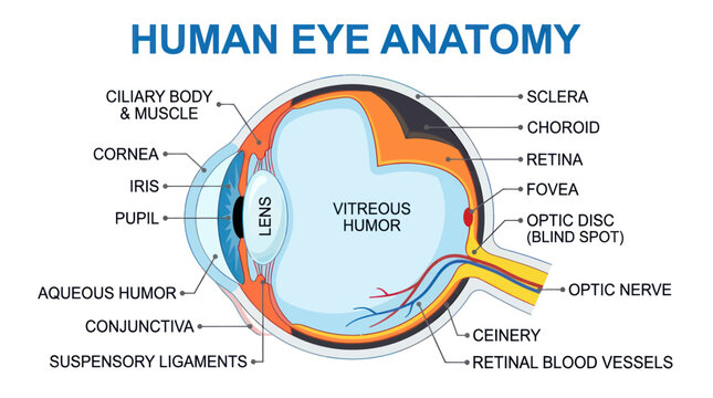 Human eye anatomy diagram with detailed cross section labels