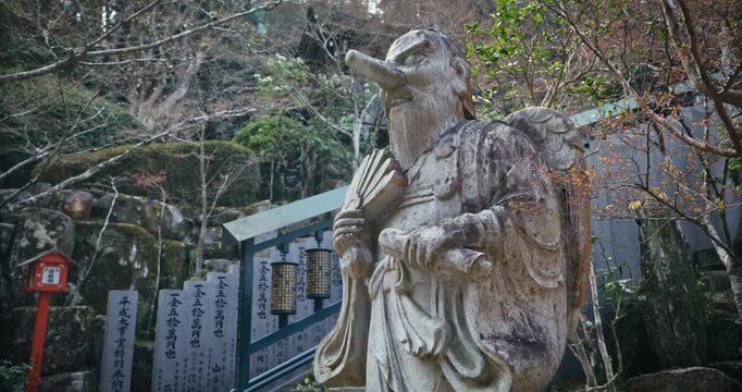 Tengu Stone Statue at Japanese Shrine Grounds In Hiroshima, Japan - Medium, Steady Cam Shot