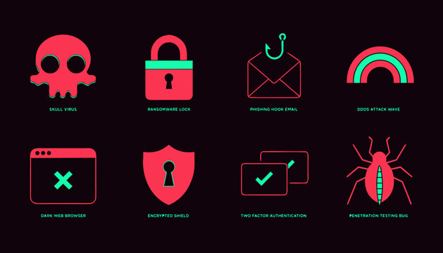 Cybersecurity icons set with ransomware phishing