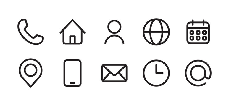 Contact icon set. Home, phone, user, globe, email, calendar and communication vector illustration. Mobile and message symbol. Interface details sign.