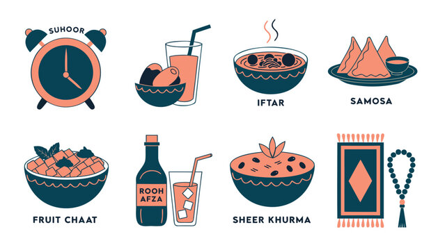 Ramadan food and drink icons with suhoor alarm clock