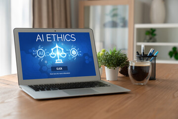 Fototapeta premium AI ethics responsibility standard law and rules on computer screen provide report of AI ethic transparency preventing technology crime. brisk